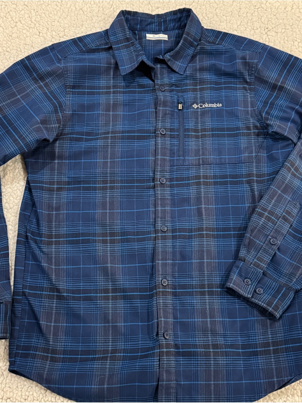Columbia Flannel, Navy and Royal Blue, Plaid w Chest zip pocket